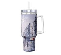 HKHLHLH Tasse à café de voyage en acier inoxydable avec poignée et couvercle, étanche, réutilisable, motif Paris City Tree Eiffel Tower Art Prinitng, 1200 ml