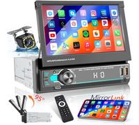 Hkity Autoradio Bluetooth 1 din avec Écran Rétractable，7'' Écran Tactile de Poste Radio Voiture Stéréo avec Type C Bluetooth Mains Libres FM Radio TF USB Mirror Link Caméra de Recul Commande au Volant