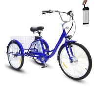 hKjPlvf Tricycle électrique 24 Pouces pour Adultes, avec Panier, Siège Souple - Hauteur Réglable (29,5 à 33,4 Pouces), Batterie Amovible 36 V 12 Ah - Autonomie 30 Km, Charge 330 LB Blue