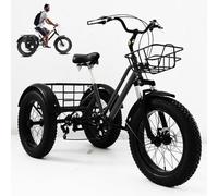 hKjPlvf Tricycles à Gros Pneus pour Adultes, Vélos De Croisière 3 Roues 20 Pouces - 7 Vitesses, Porte-Bagages Avant Et Grand Porte-Bagages Arrière, pour Les Déplacements Quotidiens Black