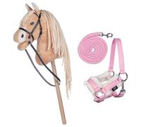 HKM Cheval à bâton Palomino Beige avec licol et longe en rose Cheval de bataille pour enfants