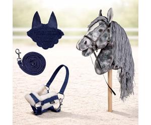 HKM HC Hobby Horse Clara Ensemble de chevaux gris marbré avec bonnet anti-mouches et licol en tricot Accessoires pour chevaux de loisirs et jouets pour enfants