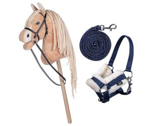 HKM Kids Cheval à bâton Palomino Beige avec licol et longe en bleu foncé pour enfants