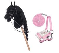 HKM Kids Cheval bâton noir, avec licol et longe roses, hobby horse, jouet pour enfant