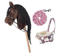 HKM Kids Hobby Horse Jouet de loisirs cheval marron avec licol et longe en rose avec motif floral - Cheval de bataille pour enfants
