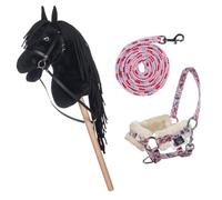 HKM Kids Hobby Horse Noir, avec Licol et Longe en Rose avec Motif Floral, Cheval de Bataille pour Enfants, Jouet