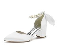 HKMFLYY Chaussures de mariage à bout pointu avec perles pour mariée - Talons bas en satin avec nœud - Chaussures de mariée à gros talons carrés confortables, blanc, 38 EU