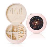 HKMNLEW Boîte à bijoux ronde imprimée « Happy New Year » pour femme - Étui à bijoux en cuir rose - Petite boîte à bijoux personnalisée pour femme et elle