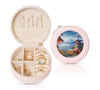 HKMNLEW Boîte à bijoux ronde imprimée paysage japonais Mount Fuji pour femme - Étui à bijoux en cuir rose - Petite boîte à bijoux personnalisée pour femme et elle
