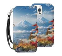 HKMNLEW Étui portefeuille à rabat japonais Mount Fuji paysage pour iPhone 12 Pro 6,1", étui de téléphone magnétique en cuir synthétique, résistant aux chocs, avec porte-cartes et dragonne, blanc