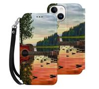 HKMNLEW Étui portefeuille à rabat pour iPhone 15 avec dragonne, motifs réflexions de guitare lac, cuir PU, résistant aux chocs, porte-cartes et béquille