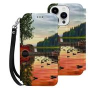 HKMNLEW Étui portefeuille à rabat pour iPhone 15 Pro avec dragonne, motifs réflexions de guitare lac, cuir PU, résistant aux chocs, porte-cartes et béquille