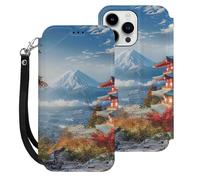 HKMNLEW Étui portefeuille à rabat pour iPhone 15 Pro Max, avec dragonne, imprimé paysage Fuji japonais résistant aux chocs, avec porte-cartes et béquille