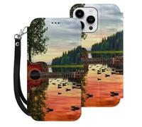 HKMNLEW Étui portefeuille à rabat pour iPhone 15 Pro Max avec dragonne, imprimé réflexions de guitare lac, cuir PU, résistant aux chocs, avec porte-cartes et béquille