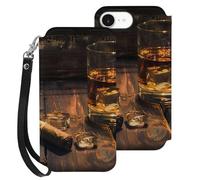 HKMNLEW Étui portefeuille à rabat pour iPhone 16 E avec dragonne, imprimé cigares et whisky, cuir PU, résistant aux chocs, avec porte-cartes et béquille