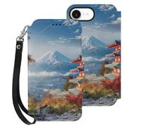 HKMNLEW Étui portefeuille à rabat pour iPhone 16 E avec dragonne, imprimé paysage Fuji japonais résistant aux chocs, avec porte-cartes et béquille