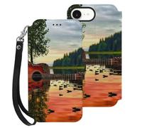 HKMNLEW Étui portefeuille à rabat pour iPhone 16 E avec dragonne, motifs réflexions de guitare lac, cuir PU, résistant aux chocs, avec porte-cartes et béquille