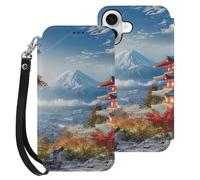 HKMNLEW Étui portefeuille à rabat pour iPhone 16 Plus, avec dragonne, imprimé paysage Fuji japonais résistant aux chocs, avec porte-cartes et béquille