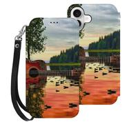 HKMNLEW Étui portefeuille à rabat pour iPhone 16 Plus avec dragonne, imprimé réflexions de guitare lac, cuir PU, résistant aux chocs, avec porte-cartes et béquille