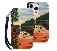 HKMNLEW Étui portefeuille à rabat pour iPhone 16 Pro avec dragonne, motifs réflexions de guitare lac, cuir PU, résistant aux chocs, avec porte-cartes et béquille