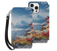 HKMNLEW Étui portefeuille à rabat pour iPhone 16 Pro Max, avec dragonne, imprimé paysage Fuji japonais résistant aux chocs, avec porte-cartes et béquille