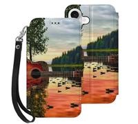 HKMNLEW Étui portefeuille à rabat pour iPhone 17 avec dragonne, motifs réflexions de guitare lac, cuir PU, résistant aux chocs, avec porte-cartes et béquille