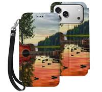 HKMNLEW Étui portefeuille à rabat pour iPhone 17 Pro avec dragonne, motifs réflexions de guitare lac, cuir PU, résistant aux chocs, avec porte-cartes et béquille