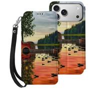 HKMNLEW Étui portefeuille à rabat pour iPhone 17 Pro Max avec dragonne, imprimé réflexions de guitare lac, cuir PU, résistant aux chocs, avec porte-cartes et béquille