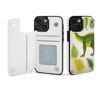 HKMNLEW Étui portefeuille pour iPhone 15 - Motif dinosaure - Feuilles de palmier - Housse magnétique antichoc en similicuir avec porte-cartes
