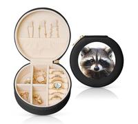 HKMNLEW Petite boîte à bijoux ronde imprimée visage de raton laveur pour femme - Étui à bijoux en cuir noir - Petite boîte à bijoux personnalisée pour femme et elle