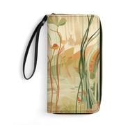 HKMNTGD Portefeuille pour femme en cuir imprimé feuilles dorées et vertes Fermeture éclair autour du porte-cartes de crédit Pochette de téléphone, Orange Line Art, 19.7x10.5cm