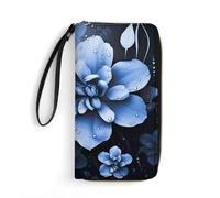 HKMNTGD Portefeuille pour femme en cuir imprimé fleur bleue avec fermeture éclair autour du porte-cartes de crédit pochette pour téléphone, bleu/fleur, 19.7x10.5cm