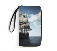 HKMNTGD Portefeuille pour femme en cuir imprimé fleur bleue avec fermeture éclair autour du porte-cartes de crédit pochette pour téléphone, Old Sailing Ship, 19.7x10.5cm