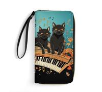 HKMNTGD Portefeuille pour femme en cuir imprimé fleur bleue avec fermeture éclair autour du porte-cartes de crédit pochette pour téléphone, Quatre chats noirs allongés sur le clavier de piano,