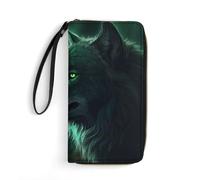HKMNTGD Portefeuille pour femme en cuir imprimé fleur bleue avec fermeture éclair autour du porte-cartes de crédit pochette pour téléphone, Green Wolf, 19.7x10.5cm