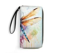 HKMNTGD Portefeuille pour femme en cuir imprimé fleur bleue avec fermeture éclair autour du porte-cartes de crédit pochette pour téléphone, Peinture aquarelle libellule, 19.7x10.5cm