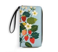 HKMNTGD Portefeuille pour femme en cuir imprimé, il y a des étoiles et de la lune sur elle, fermeture éclair autour du porte-cartes de crédit, pochette pour téléphone, Fraises et fleurs, 19.7x10.5cm