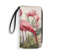 HKMNTGD Portefeuille pour femme en cuir imprimé, motif floral, fermeture éclair autour du porte-cartes de crédit, pochette pour téléphone, Flamant rose et feuilles, 19.7x10.5cm