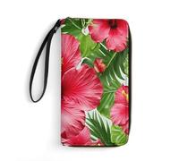 HKMNTGD Portefeuille pour femme imprimé en cuir, coloré rétro thème de l'espace avec fermeture éclair autour du porte-cartes de crédit, Fleur d'hibiscus, 19.7x10.5cm