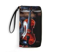 HKMNTGD Portefeuille pour femme imprimé en cuir, deux petits lapins mignons avec fermeture éclair autour du porte-cartes de crédit, Violon et violoncelle, 19.7x10.5cm