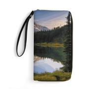 HKMNTGD Portefeuille pour femme imprimé en cuir, deux petits lapins mignons avec fermeture éclair autour du porte-cartes de crédit, Photos de montagne et de lac, 19.7x10.5cm