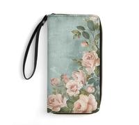 HKMNTGD Portefeuille pour femme imprimé en cuir, feuilles vertes, graffiti, art zippé, porte-cartes de crédit, pochette pour téléphone, Fleurs de style vintage, 19.7x10.5cm