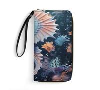 HKMNTGD Portefeuille pour femme imprimé en cuir, motif dauphin océan, fermeture éclair autour du porte-cartes de crédit, pochette pour téléphone, Hippocampe et étoile de mer, 19.7x10.5cm