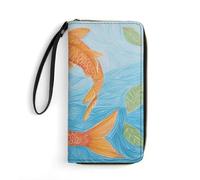 HKMNTGD Portefeuille pour femme imprimé en cuir, motif tortue de mer, coucher de soleil, fermeture éclair autour du porte-cartes de crédit, Motif poisson orange, 19.7x10.5cm