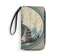 HKMNTGD Portefeuille pour femme imprimé en cuir, motif tortue de mer, coucher de soleil, fermeture éclair autour du porte-cartes de crédit, Chat tigré gris, 19.7x10.5cm