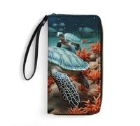 HKMNTGD Portefeuilles pour femme en cuir imprimé, fleurs tropicales et décorations zippées autour du porte-cartes de crédit Pochette de téléphone, Tortue étoile de mer., 19.7x10.5cm