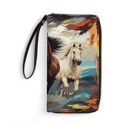 HKMNTGD Portefeuilles pour femme en cuir imprimé, Golden Retriever et fleurs Fermeture éclair autour du porte-cartes de crédit Pochette pour téléphone, Un motif avec des chevaux comme arrière-plan,