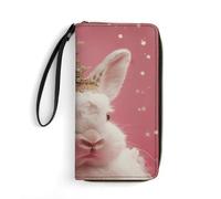 HKMNTGD Portefeuilles pour femme en cuir imprimé, motif vagues d'eau bleues, fermeture éclair autour du porte-cartes de crédit, pochette pour téléphone, Lapin portant une couronne, 19.7x10.5cm