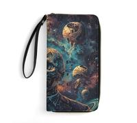 HKMNTGD Portefeuilles pour femme en cuir imprimé, motif vagues d'eau bleues, fermeture éclair autour du porte-cartes de crédit, pochette pour téléphone, Tête de mort Homme dans l'espace, 19.7x10.5cm