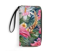 HKMNTGD Portefeuilles pour femme en cuir imprimé, motif vagues d'eau bleues, fermeture éclair autour du porte-cartes de crédit, pochette pour téléphone, Motif floral flamant rose, 19.7x10.5cm